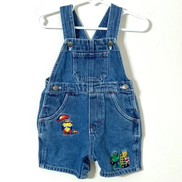 Vtg Carters Baby Embroidered Denim Overalls Jean Shortalls Shorts Beach Animals - Picture 1 of 15